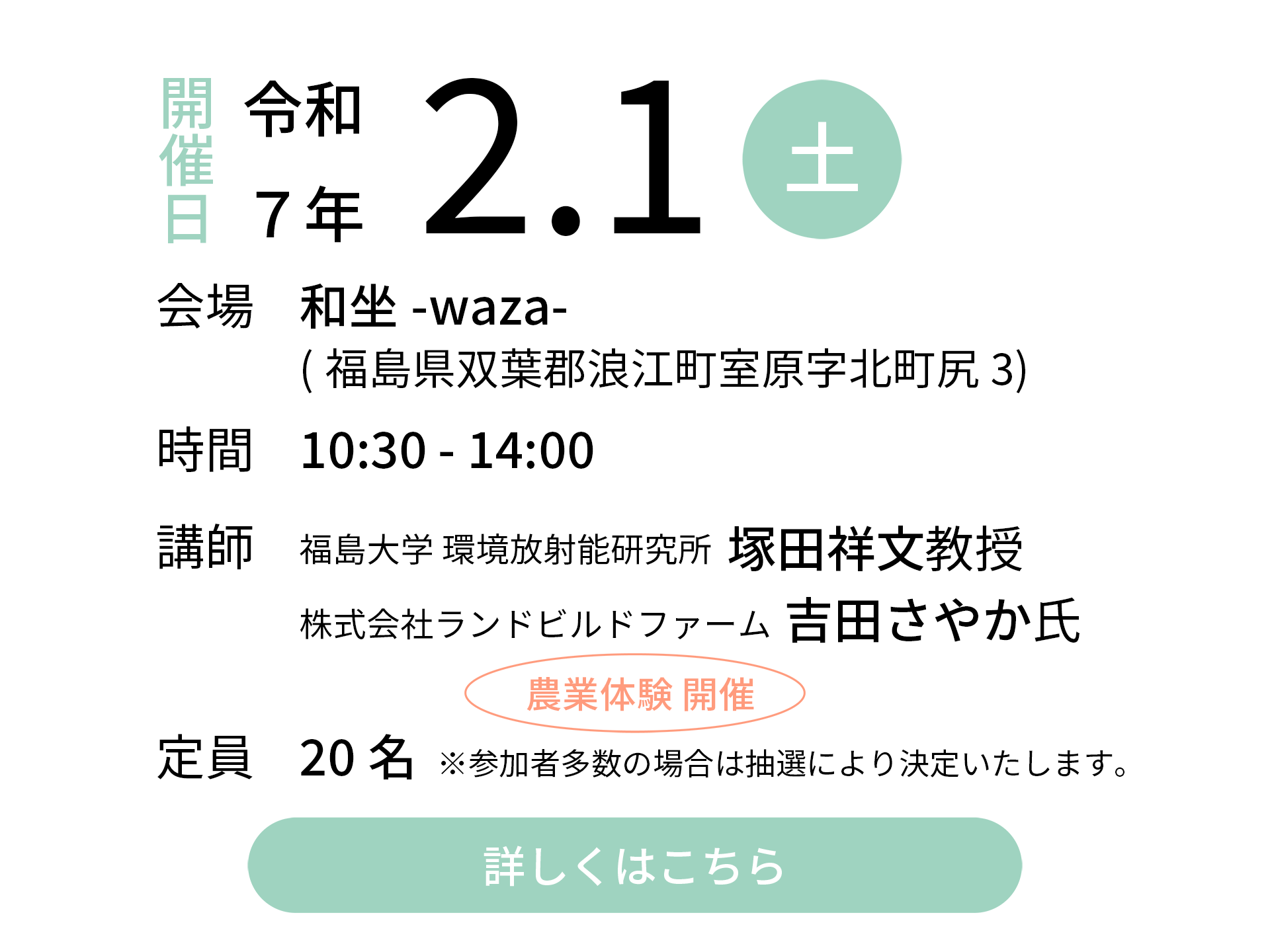 令和7年2月1日（土）会場：和坐-waza-｜講師：福島大学 環境放射能研究所 塚田祥文教授／株式会社ランドビルドファーム 吉田さやか氏